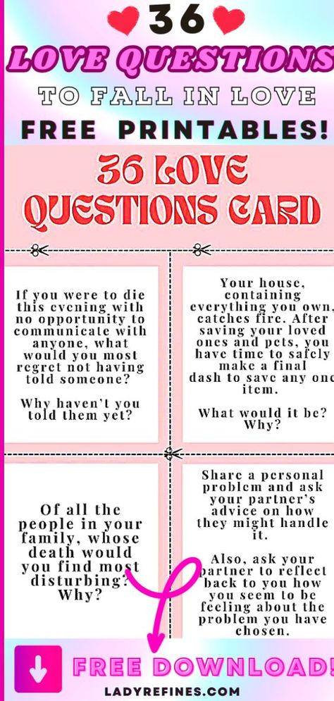 36 questions to fall in love printable Questions To Fall In Love, 36 Questions, In Love Couple, Fashion Advice Woman, Love Quiz, Love Questions, Love List, Couple Questions, Question Cards