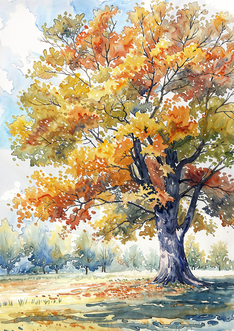 Celebrate the season with the Autumn Oak Splendor, a watercolor depiction of an oak tree's burst of autumn colors. Tree In Watercolor, Autumnal Watercolour Painting, Watercolour Art Inspiration, Autumn Watercolor Paintings Easy, Watercolor Paintings Landscape Beautiful, Watercolor Trees Landscape, Watercolor Art Paintings Landscape, Oak Watercolor, Autumn Tree Drawing