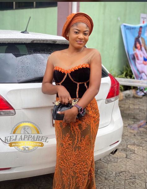 Burnt orange with black combination Benin Bride, Lace Dress Classy, Black Combination, Gown Style, Aso Ebi Styles, Dress Classy, Aso Ebi, Orange Fashion, Lace Fashion