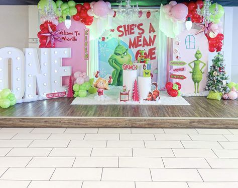 Grinch Theme 2nd Birthday, She’s A Mean One Birthday Party, Whoville First Birthday, Girl Grinch Birthday Party, Grinch Baby Shower Ideas Girl, Shes A Mean One Grinch Birthday, Christmas Theme Birthday Party For Girl, First Birthday Grinch Theme, Grinch First Birthday Party Girl