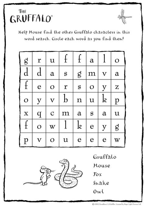 Check out this fun wordsearch for the little ones! They can learn about the spellings of words whilst trying to find them in the puzzle! Gruffalo Activities, Julia Donaldson Books, Preschool English, Easy Preschool Crafts, Emergent Literacy, Phonics For Kids, Julia Donaldson, Phonemic Awareness Activities, Physical Activities For Kids