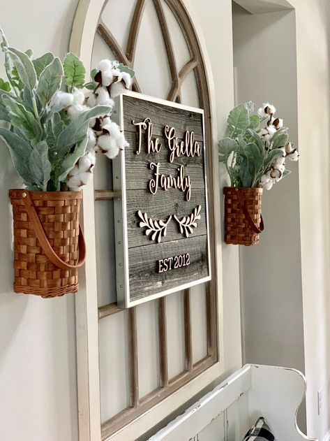 Reclaimed Wood Family Name Sign | Craftcuts.com Name Board For Home, Name Plates For Home, Name Plate Design, Log Home Interiors, Farmhouse Light Fixtures, Laser Cut Wood Crafts, Target Home Decor, Door Signs Diy, Farm Design