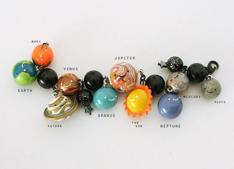 Solar System Polymer Clay Charm Bracelet - Thompson Family-Life Clay Charm Bracelet, Polymer Clay Charm Bracelet, Clay Bracelet, Polymer Crafts, Polymer Clay Miniatures, Cute Polymer Clay, Polymer Jewelry, ดินปั้น Polymer Clay, Clay Miniatures