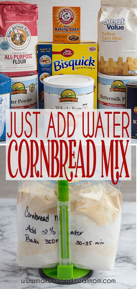 This is my favorite cornbread recipe, just tweaked a bit to make it even faster since the only wet ingredient you have to add is water! #cornbread #pantrymeal #foodstorage #makeahead Cornbread Mix In A Jar, Just Add Water Recipes, Cornbread In A Jar, Cornbread Mix Recipes, Meals In A Jar Recipes Just Add Water, Dry Mixes Make Your Own, Water Cornbread, Dehydrated Meals, Zombies Apocalypse