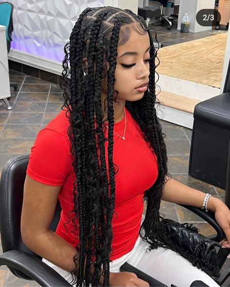 Vacation Hairstyles For Black Women Summer Box Braids, Big Boho Braids, Boho Jumbo Knotless Braids, Jumbo Knotless Box Braids With Curls, Braids For Women, Large Boho Braids, Trendy Braids For Black Women, Christmas Hairstyles For Black Women, Knotless Box Braids Large