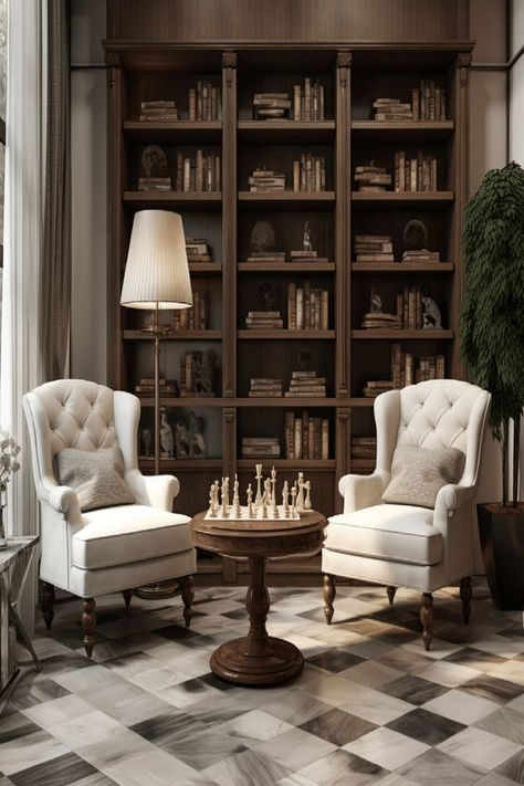 Immerse yourself in the quiet sophistication of this chess-themed lounge. The elegant chairs, wooden bookshelves, and timeless chessboard invite introspection and strategy. Uncover more Game Room Ideas For Adults to inspire your décor journey. Chess Nook Living Rooms, Chess Board Decor Living Room, Chess Sitting Area, Chess Room Ideas, Elegant Gaming Room, Chess Board In Living Room, Sitting Room Library Ideas, Chess Room Design, Elegant Game Room