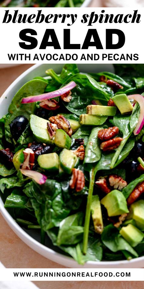 Packed with antioxidants and flavor, this vegan blueberry spinach salad is the perfect summer salad! Sweet blueberries, creamy avocado, and crunchy pecans combine perfectly with spinach for a healthy and satisfying meal. #vegansalad #healthyrecipes #plantbased #saladrecipes Spinach Recipes Salad, Spinach Salad With Candied Pecans, Salad With Candied Pecans, Blueberry Spinach Salad, Spinach Salads, Salad With Pecans, Tofu Feta, Vegetable Salads, Beet Burger