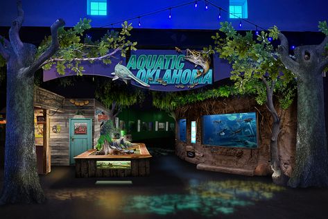 Concept art for new Aquatic Oklahoma exhibit at Oklahoma Aquarium designed by Chris Barela Zoo Exhibit Design, Zoo Exhibit, Fish Room, Public Aquarium, Zoo Architecture, Detroit Zoo, Rainforest Cafe, Fishing Room, Cafe Concept