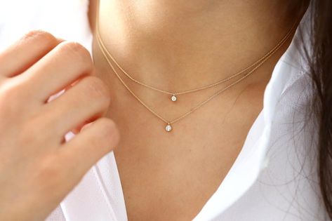 Diamond solitaire necklace / Diamond necklace / Diamond bezel | Etsy Solitaire Necklace Diamond, Baguette Diamond Necklace, Gold Necklace Wedding, Floating Diamond Necklace, Sterling Silver Choker Necklace, Solitaire Diamond Pendant, Dainty Diamond Necklace, Sterling Silver Choker, Solitaire Necklace