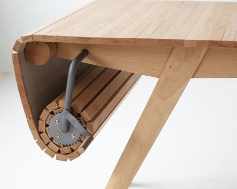 Alfakroll Table – a Unique Roll Out Table by Marcus Voraa - Tuvie Norwegian Furniture, Extending Table, Cube Ottoman, Thanksgiving Table Settings, Beach House Design, Unique Tables, Smart Furniture, Contemporary House Design, Yanko Design