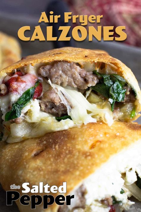 Pizza night just got more interesting. Make your own homemade air fryer calzones! Prepare a bunch of fillings and everyone can design their own. They only take 10 minutes to air fry! Air Fryer Calzone, Pepperoni Calzone, Ninja Combi, Calzone Dough, Air Fryer Beef, Freezer Lunches, Ninja Foodi Grill, Pepper Recipes, Make Your Own Pizza