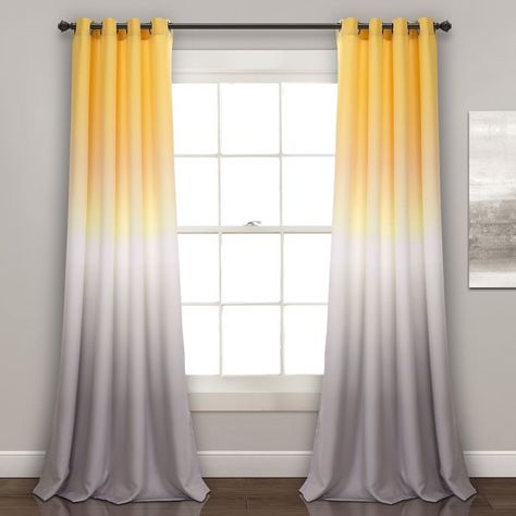 These curtain panels are not only stylish, but they are also energy efficient. The color fading pattern is printed on light blocking fabric, which filters sunlight and regulates the temperature. Add these to your bedroom, living room or home office. Yellow And Grey Curtains, Yellow Room Decor, Dye Curtains, Ombre Curtains, Yellow Curtains, Yellow Room, Yellow Living Room, Curtain Room, Lush Decor