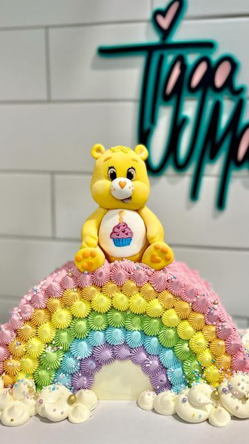 Rainbow Teddy Bear Cake, Happy Birthday Care Bears, Rainbow Shaped Birthday Cake, 1st Birthday Cake For Girls Simple, Care Bear Birthday Cake Ideas, Rainbow Shape Cake, Carebear Birthday Cake, Care Bears Cake Ideas, Care Bear Cake Ideas