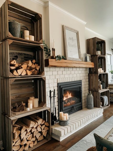 21 Farmhouse Fireplace Decor Ideas – The DIY Desire Western Fireplace Decor, Basket Fireplace Decor, Western Farmhouse Bedroom, Farmhouse Fireplace Decor Ideas, Western Fireplace, Cubby Decor, Western Farmhouse Decor, Farmhouse Fireplace Ideas, Rustic Farmhouse Fireplace