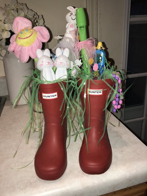 Rain Boot Easter Basket Ideas, Rain Boots Easter Basket, Rain Boot Easter Basket, Kids Easter Basket, Hunter Rain Boots, Rubber Boot, Random Ideas, Rain Boot, Kids Easter