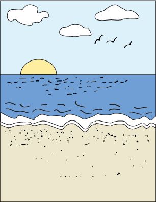 How to draw an Ocean Beach Scene step 7 Beach Sceans Drawing, Drawing Beach Scenes, Seashore Drawing, Simple Beach Scene Drawing, A Beach Scene Drawing, Draw A Beach Scene, Beach Seanery Drawing, Cartoon Ocean, Beach Memes