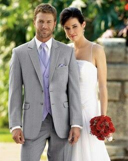 Gray suit lavender tie and vest Grey Tuxedo Wedding, Suit Colors, Groomsmen Tuxedos, Grey Tuxedo, Vest And Bow Tie, Light Grey Suits, Bridal Expo, Lilac Wedding, Groom Tuxedo