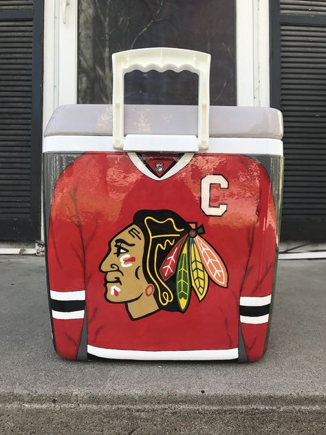 Painted fraternity cooler | frat formal cooler | hockey jersey | Chicago Blackhawks Hockey Cooler Painting, Frat Cooler Hockey, Painted Ice Chest, Painted Fraternity Coolers, Frat Formal, Fraternity Cooler, Formal Cooler Ideas, Fraternity Coolers, Formal Cooler