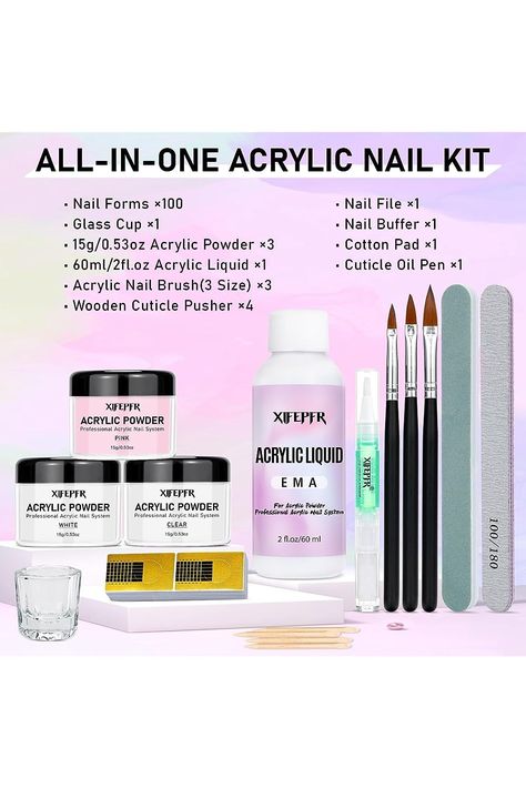 XIFEPFR Acrylic Nail Kit - Clear White Pink Acrylic Powder and Acrylic Liquid Set with Acrylic Nail Brush Nail Forms Glass Cup Beginner Acrylic Nail Kit for Nail Extension Carving Salon Home DIY Acrylic Nails Kit Products, Pink Acrylic Powder, Cuticle Oil Pen, Acrylic Nail Brush, Acrylic Liquid, Oil Pen, Acrylic Nail Kit, Nail Brush, Nail Forms