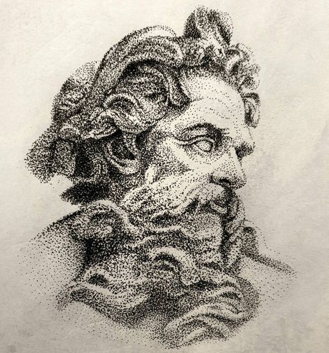 Zeus Drawing, Statue Of Zeus, Stippling Drawing, Brain Drawing, Pencil Portrait Drawing, Stippling Art, Portraiture Drawing, Fantasy Drawings, Magic Realism