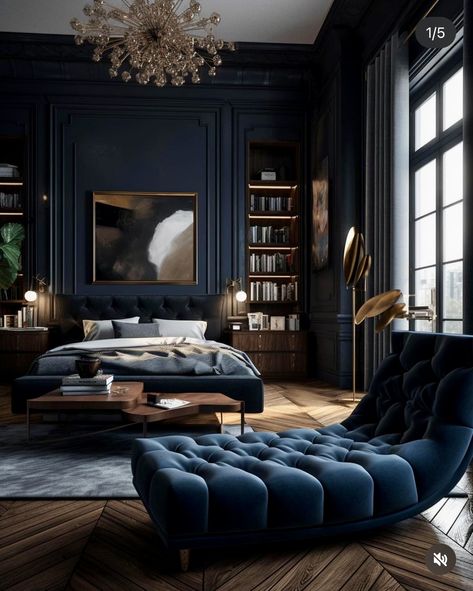 Dramatic Bedroom, Navy Bedrooms, Dark Blue Bedrooms, Country Chic Decor, Black Rooms, Money Pit, Manhattan Apartment, Sleep Sanctuary, Deco Originale