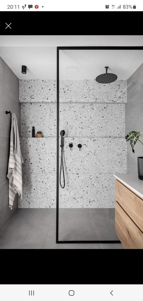 Terrazzo Tiles Bathroom Design, Grey Speckled Tiles Bathroom, Grey Terrazzo Bathroom Design, Terrazzo Shower Room, Gray Terrazzo Bathroom, Terrazzo Wall Bathroom, Terazzo Bathroom Interior Design, Terrazo Tile Bathroom Ideas, Grey Terrazzo Bathroom