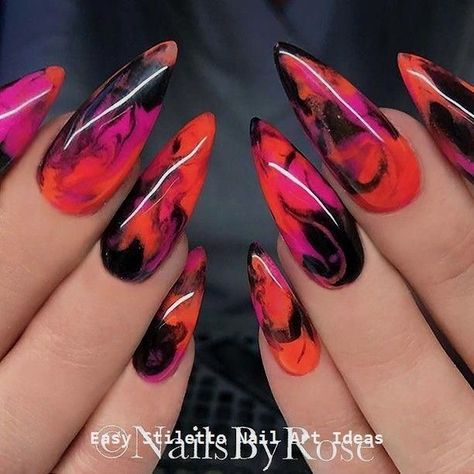 Nails Orange, Marble Nail Designs, Stiletto Nail Art, Orange Neon, Stiletto Nails Designs, Her Nails, Get Nails, Black Nail, Acrylic Nail Art