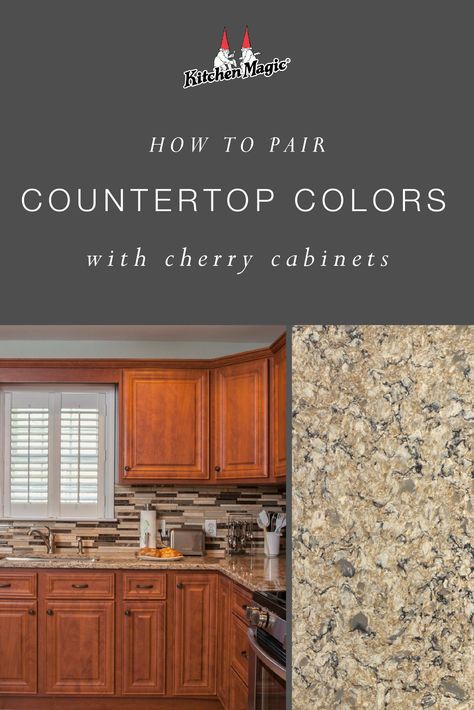 Want to know which countertops coordinate best with cherry cabinets? We've got helpful advice, examples, and suggestions on countertop designs and colors that pair perfectly with any cherry cabinet finish. 🍒 | #cherrycabinets #countertopcolors #kitchendesignideas #kitchendesign Quartz Countertops With Cherry Cabinets, Countertops For Cherry Cabinets, Granite Countertops With Cherry Cabinets, Cherry Kitchen Cabinets With Quartz, Cherry Cabinet Kitchen Color Scheme, Formica Kitchen Countertops, Gold Granite Countertops, Cherry Wood Kitchen Cabinets, Brown Countertop