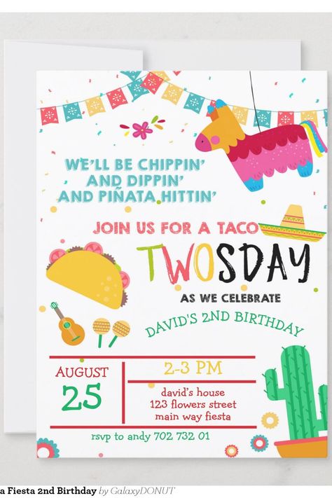 Taco Twosday Pinata Fiesta 2nd Birthday Invitation 2nd Birthday Taco Twosday, Two Yr Old Birthday Theme, Two Year Old Taco Birthday Party, Taco Twosday Birthday Boy, Fiesta 2nd Birthday, Luke James, Taco Twosday, Fiesta Birthday Party, 2nd Birthday Invitations