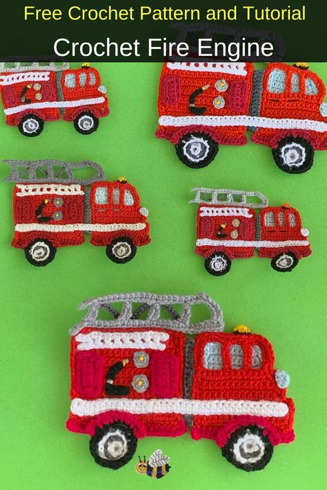 Crochet Fire Truck Free Pattern, Crochet Car Applique Free Pattern, Crochet Truck Applique Free Pattern, Fire Truck Crochet, Crochet Truck Pattern Free, Crochet Fire Truck, Crochet Vehicles, Truck Crochet Pattern, Crochet Fire