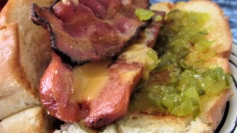 Whistle Dog Recipe, Copycat Restaurant Recipes, Cheese Sausage, Sweet Pickles, Pickle Relish, Dog Recipes, Bacon Cheese, Melted Cheese, Restaurant Recipes