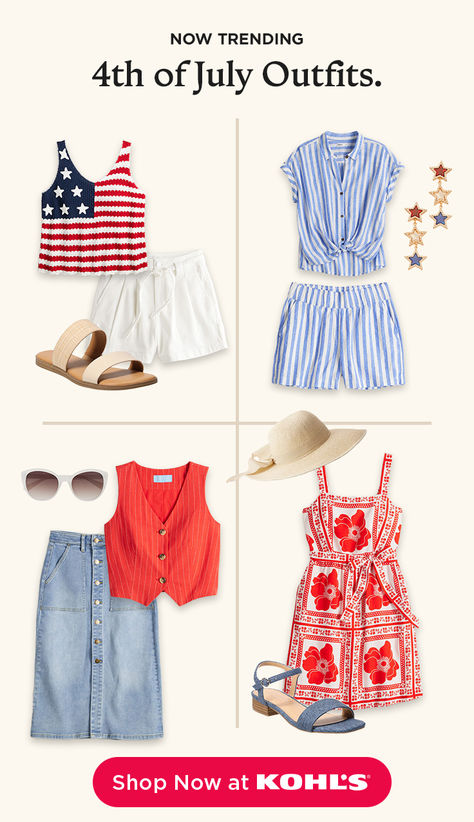 Light up the holiday weekend with festive 4th of July outfits for any cookout, pool party or fireworks display! Shop red, white and blue styles, matching sets, dresses and sandals at Kohl’s and Kohl’s.com. 4th Of July Outfits For Women, Fig Ideas, Dresses And Sandals, Fourth Of July Outfits, Preppy Mom, Maxi Frocks, Shadow Realm, Modest Summer Fashion, Cutest Outfits