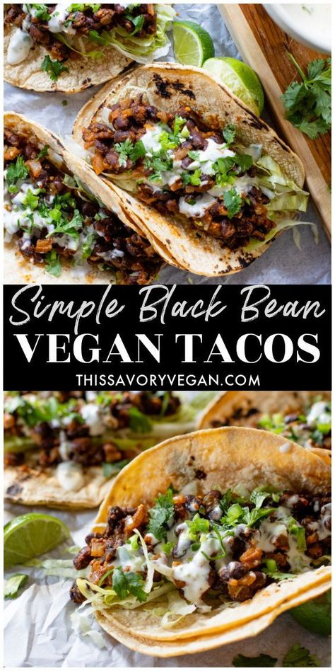 Vegan Dinner Recipes Mexican, Best Vegan Taco Recipe, Healthy Tacos Vegetarian, Black Bean Mushroom Tacos, Vegan Bean Tacos, Vegan Gluten Free Tacos, Vegan Recipes Black Beans, Healthy Vegan Tacos, Easy Simple Vegan Dinner