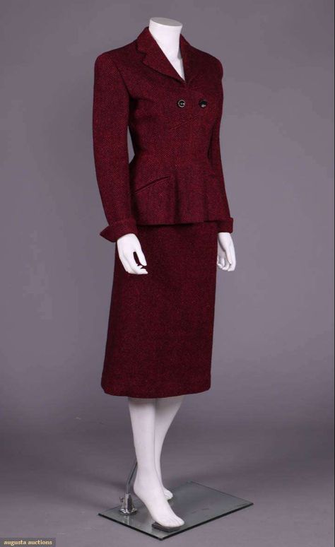 September 9th, 2020- Historical Clothing & Vintage Couture Bellows Falls, Vermont Black & red patterned wool tweed suit, fitted princess seamed jacket w/ flared short peplum, angular clover leaf collar, CF plaquet over button & hook & eye closure w/ overlapping double breasted oversized tab at B, 2 bound inset slash pockets over Hs, long sleeve w/ turn back cuff, lined in black silk, two replacement buttons included, straight above knee length skirt, label "Pierre Balmain, Paris", Princess Seam Jacket, 1950 Dress, Black Skirt Suit, Augusta Auctions, Interview Outfits, 1950s Dresses, Random Fashion, Bonnie Cashin, Blazer And Skirt Set