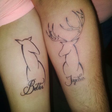 His and hers. His And Her Tattoo Ideas, Deer Hunting Tattoos, Couple Tats, Buck Tattoo, Couple Tattoo Quotes, Neat Tattoos, Doe Tattoo, Couple Tat, Him And Her Tattoos