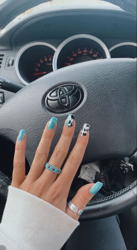 Turquoise Nails With Cow Print, Square Country Nails, Western Nails Orange And Teal, Nails Acrylic Short Cow Print, Turquoise Nails Western Cow Print, Cow Print Nails With Blue, Nails For Nashville Vacation, Summer Western Nails Short, Sage Green Cow Print Nails