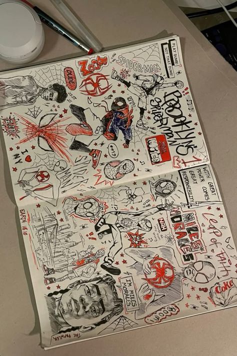 Spiderman Spiderverse Drawing, Miles Sketchbook Page, Spiderman Into The Spiderverse Miles Morales, Spiderman Line Drawing, Spiderman Drawing Aesthetic, Spiderman Page Sketchbook, Space Fillers Sketchbook, Spiderman Aesthetic Drawing, Spiderpunk Sketchbook