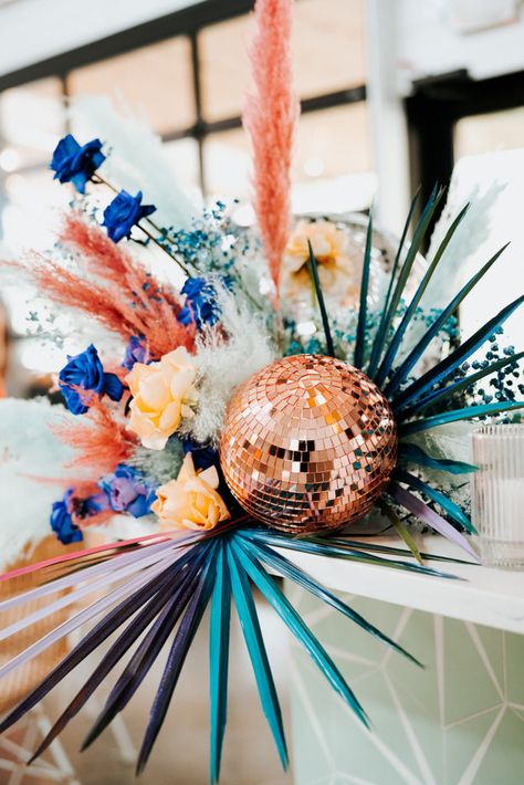 Disco Cowgirl Flower Arrangements, Tropical Disco Centerpiece, Blue Disco Wedding, Country Disco Wedding, Disco Cowgirl Wedding, Disco Thanksgiving, Disco Boho Wedding, Disco Table Decorations, Disco Ball Centerpiece