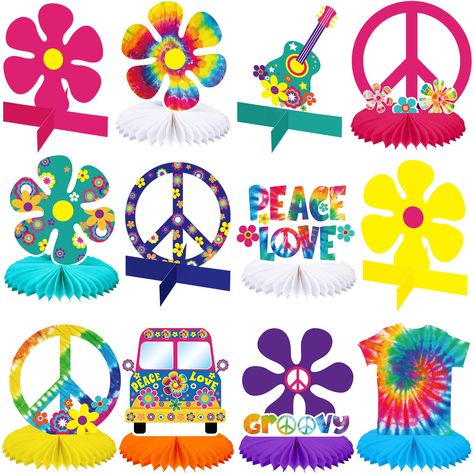 PRICES MAY VARY. What you get: you will get 8 pieces of hippies honeycomb centerpieces in various styles, and 4 pieces of hippy retro flower cutout peace signs, the cute designs and the proper size make these hippies decorations become the shining and adorable party supplies for the hippie's party Reliable material: adopting quality cardstock paper, these hippie tie dye 3D table topper honeycomb stands with good texture and fine printing, they will provide your party a wonderful decoration effec Kids Party Centerpieces, Tie Dye Birthday Party, 60s Theme, 70s Theme Party, Tie Dye Birthday, Birthday Party Table Decorations, 60s Party, Daisy Party, Tie Dye Party