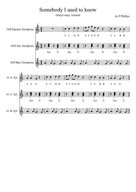 Somebody I used to know | MuseScore.com Orff Arrangements Pop Songs, Orff Songs, Xylophone Music, Marimba Music, Boomwhacker Music, Orff Arrangements, Elementary Music Activities, Orff Music, Music Notebook