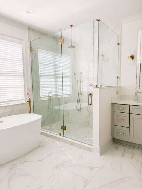 Modern Glam Bathroom Renovation - Mal and Jess Modern Glam Bathroom, Master Bathrooms Luxury, Floor Tub, Doors Vintage, Modern Kitchen Renovation, Glam Bathroom, Freestanding Tub, Modern Glam, Modern Floor