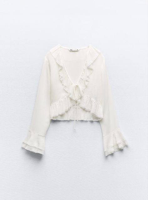 White Ruffle Blouse, Bow Shirts, Zara White, White Blouse, Zara United States, Flared Sleeves, High Collar, Asymmetric Hem, Ruffle Trim