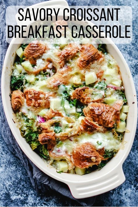 Savory breakfast casserole made with buttery croissants, kale, potatoes and cheesy egg custard, this vegetarian croissant casserole is a crowd-pleaser and can be made ahead. Breakfast Casserole Croissant, Savory Croissant, Savory Breakfast Casserole, Brunch Egg Casserole, Croissant Casserole, Strata Recipes Breakfast, Croissant Breakfast Casserole, Cheese House, House Of Yumm