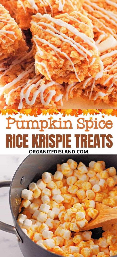 These easy Pumpkin Rice Krispie treats have real pumpkin flavor and the sweet crunch that everyone loves. The perfect fall treat! Rice Crispies Pumpkin Treats, Pumkin Rice Crispy Treats, Pumpkin Pie Rice Crispy Treats, Pumpkin Spice Rice Crispy Treats, Pumpkin Rice Krispie Treats Recipe, Orange Rice Crispy Treats, Pumpkin Rice Crispies, Rice Krispie Pumpkin Treats, Rice Krispie Treats Thanksgiving Ideas