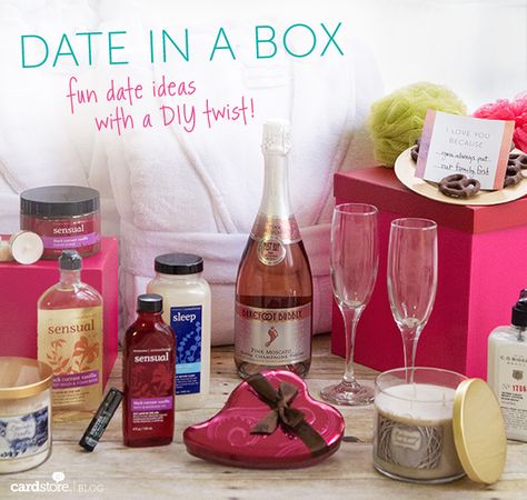 Date in a Box: Fun date ideas with a DIY twist! | Cardstore Blog Date Night Basket, Fun Date Ideas, Marriage Romance, Spa Night, Couple Things, True Romance, Cadeau Diy, Box Diy, My Funny Valentine