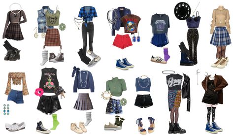 80s Date Outfit, 90s Grunge Outfits, Platform Doc Martens, Red Denim Shorts, Blue Leather Jacket, High Waisted Pleated Skirt, 80s Outfit, Gold Overlay, Outfit Maker