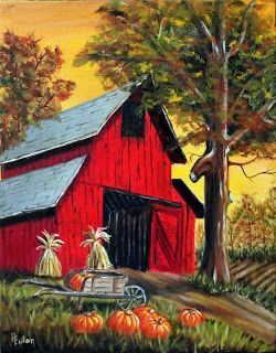 Red Barn at Harvest Time, Autumn Farm Scene with Pumpkins Original Oil Paintings, Yellow Sky Thanksgiving Paintings, Fall Photography Props, Pumpkins Photography, Red Barn Painting, Fall Photo Props, Pumpkin Photography, Fall Canvas Painting, Painting Parties, Craft Painting