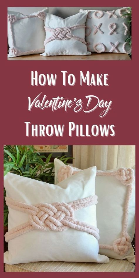 These Cute, Cozy Valentine Pillows are surprisingly easy to make. They're subtle and sweet. Macrame-inspired Lover's Knots replace hearts for a bit of unexpected charm. BONUS: change the colors for any season Check out the easy directions. Valentine Pillows, Make Your Own Pillow, Pillows Diy, Throw Pillow Diy, Cozy Pillows, Pom Pom Throw, Diy Pillow Covers, Valentines Pillows, Knot Pillow