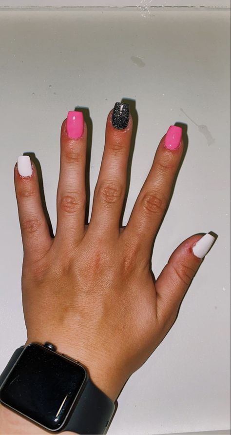 Short Pink And Black Acrylic Nails, Black White Hot Pink Nails, Hot Pink Black And Silver Nails, Back And Pink Nails, Black Nails Accent Nail, Hot Pink And Black Nail Ideas, Hot Pink And Black Prom Nails, White Black And Pink Nails, Pink And Black Hoco Nails