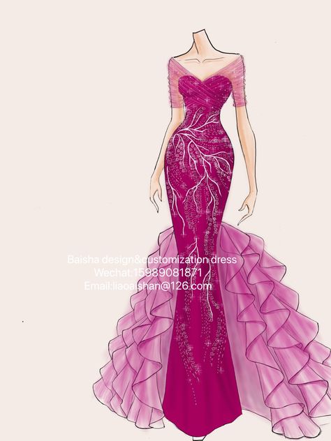 Evening Dress Drawing, Gradation Design Dress Illustration, Party Dress Drawing, Party Dress Illustration, Bride Fashion Illustration, Onam Outfits, Wedding Cheongsam, Fashion Show Themes, Evening Dress Wedding